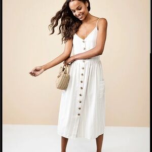 H&M White Linen Blend Buttons Dress Midi Bloggers Smocking